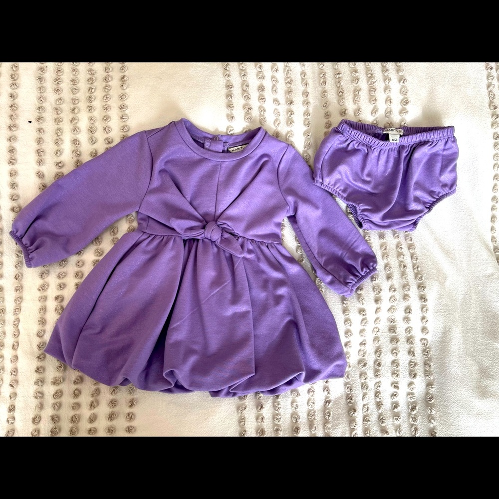 Adorable purple dress with matching shorts, by Habitual. Size 12 months.